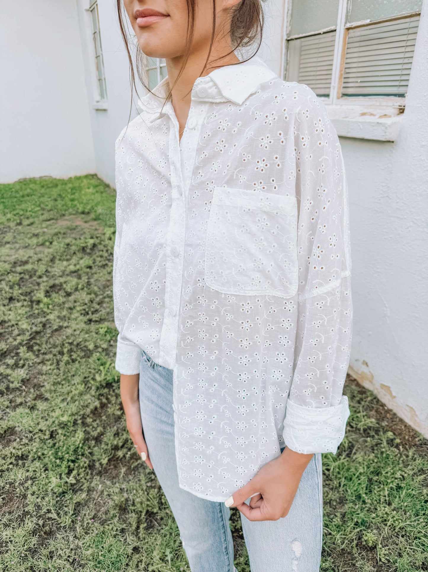 White Eyelet Button Up (100% Cotton)