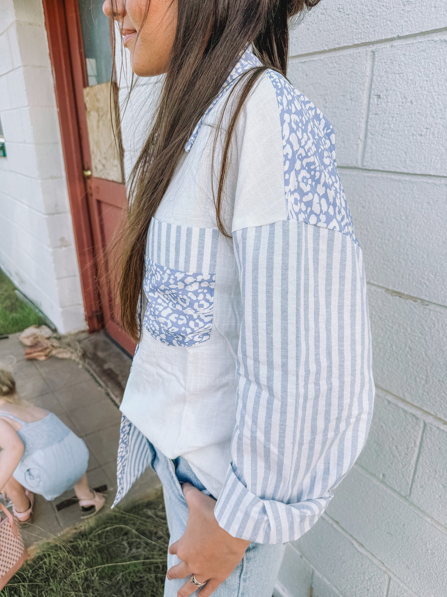 Mixed Print Chambray Button Up