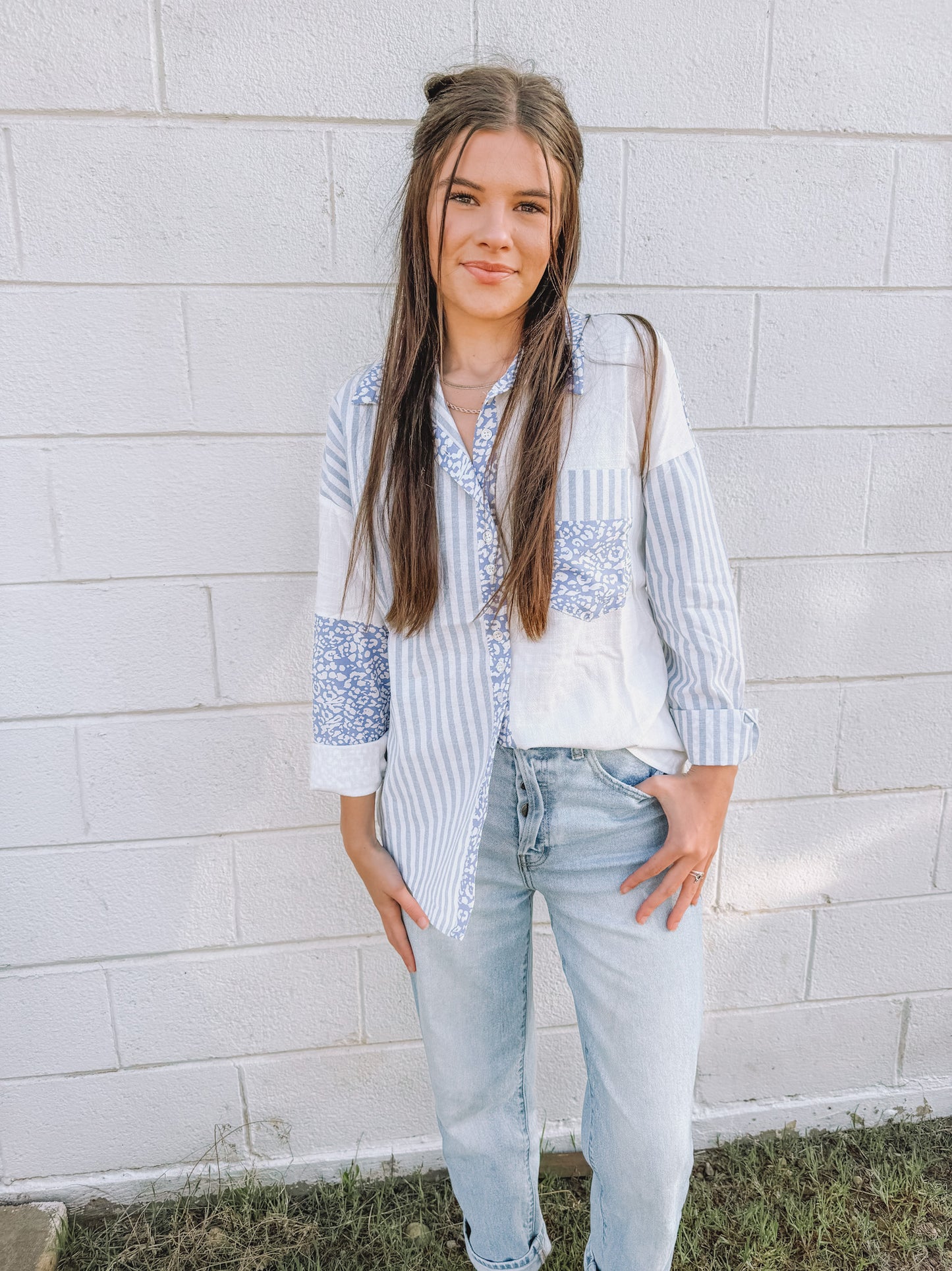Mixed Print Chambray Button Up