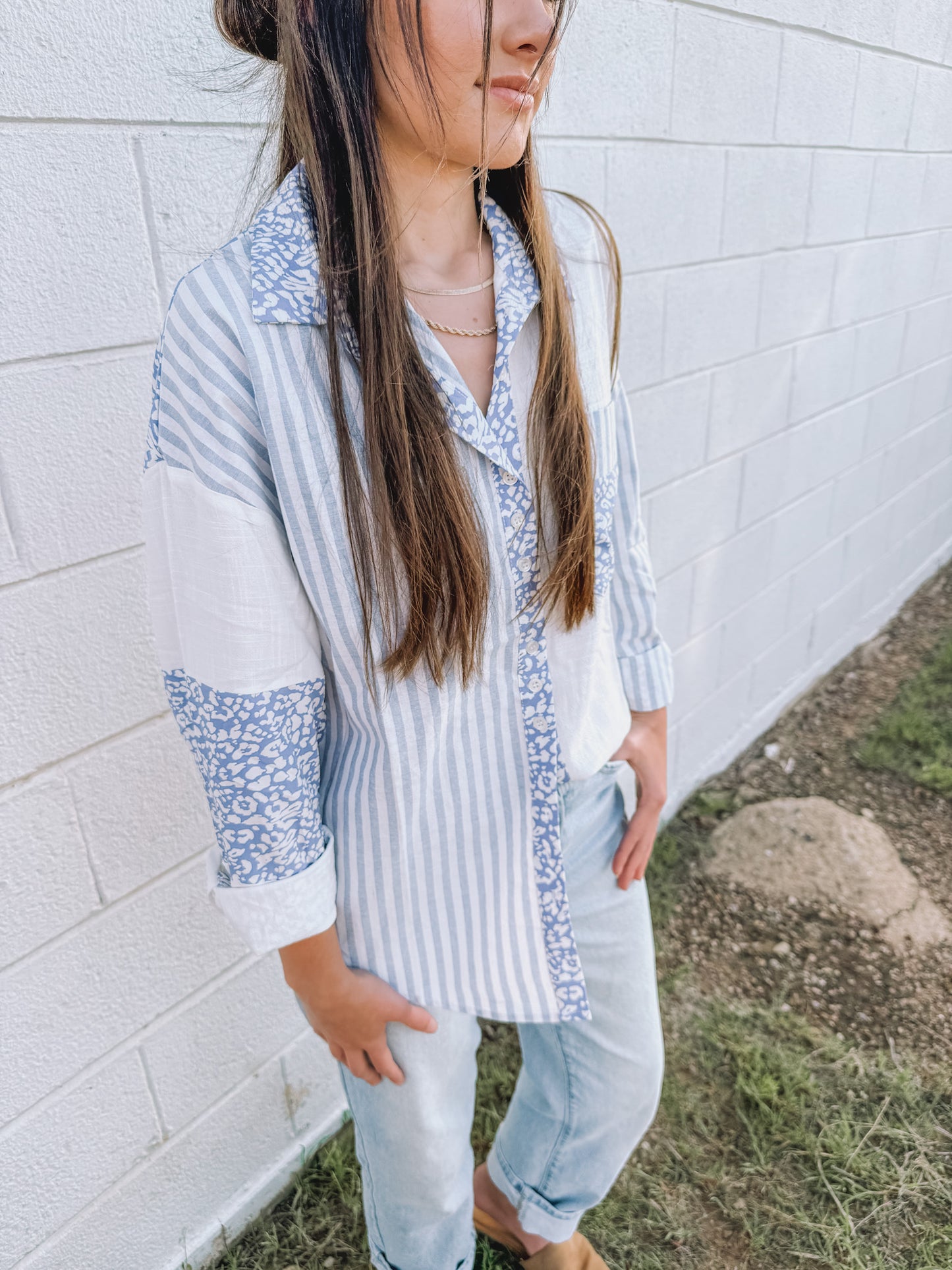 Mixed Print Chambray Button Up